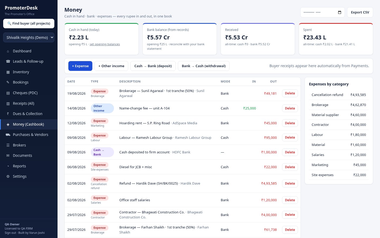 PromoterDesk cashbook — every rupee in and out, cash and bank, in one book